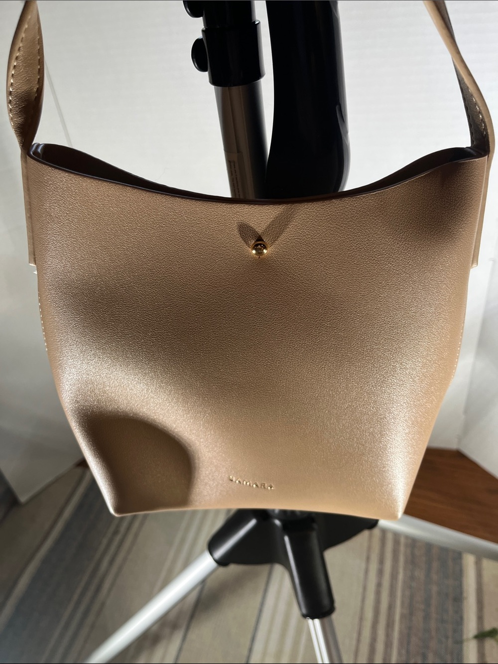 Minimalist Taupe Crossbody Bag with Gold Accent - Women’s Crossbody